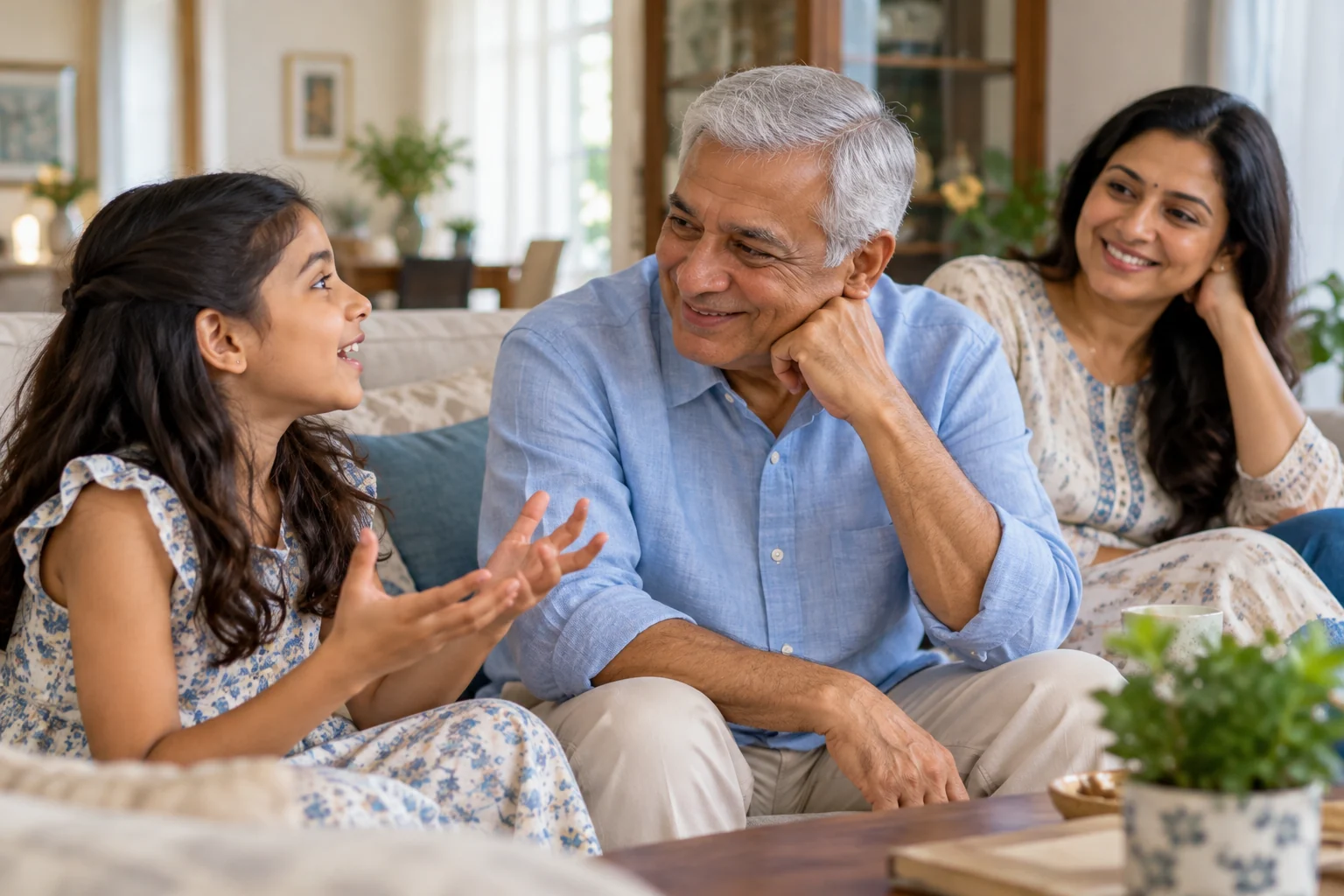 A grandfather sharing a happy conversation with his granddaughter at home