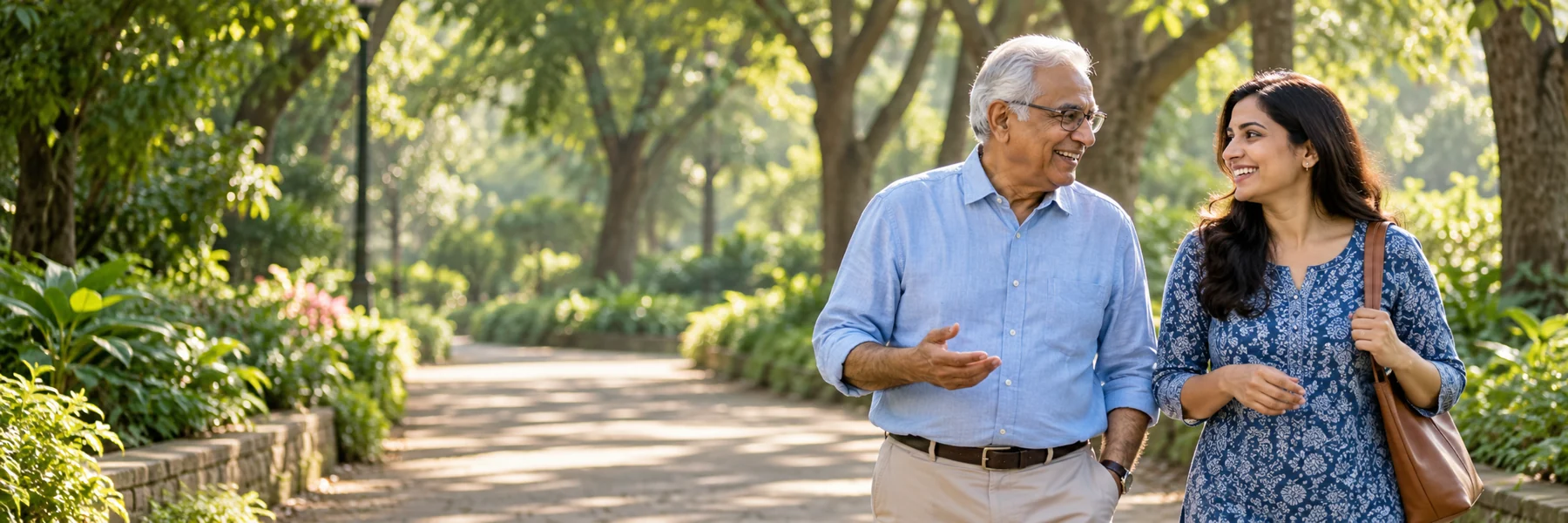 A father and daughter enjoying a morning walk and conversation in a leafy park